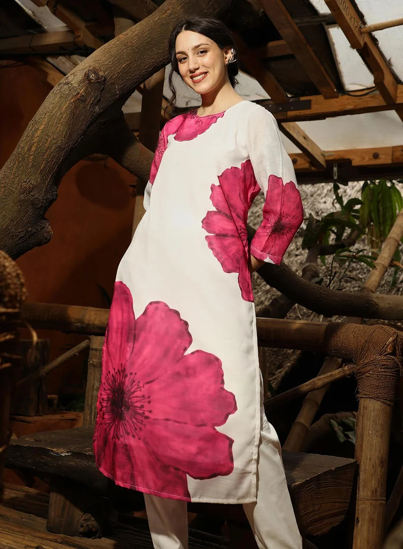 Qissa  Women's Royal Pink Primrose Flora Kurta With Trousers For Casual Wear | Round Neck | Quarter Sleeves | 2 Piece Kurta Set Designed With Comfort Fit For Everyday Ethnic Wear for Women | Best Price UAE